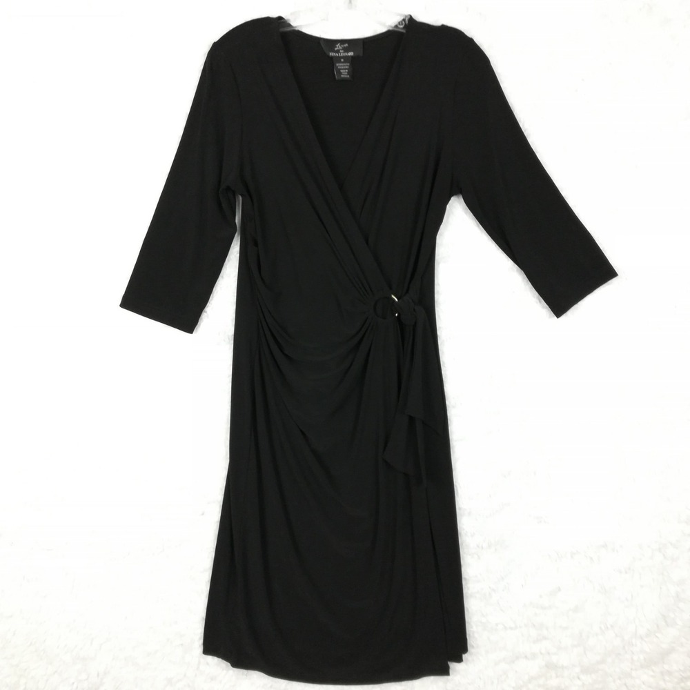 Lemmie Nina Leonard Womens Dress Wrap 3/4 Sleeve Black V Neckline Knee Length M